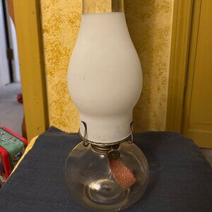 Vintage  white  glass oil lamp w frosted  chimney    15 in tall
